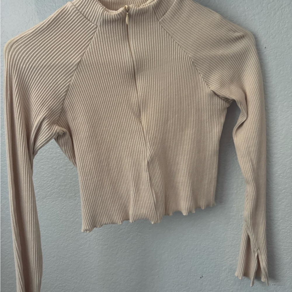 Beige Ribbed Long Sleeve Top